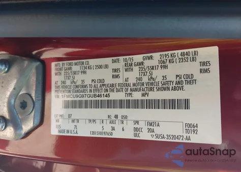 2016 Ford Escape Se from USA, damaged, VIN 1FMCU9G97GUB46145